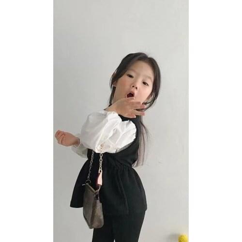 Suit Puff Sleeve Solid O-neck Collar Full Cotton Casual New Fashion Sweet Cute Lovely Spring Autumn Children Sets for Kids