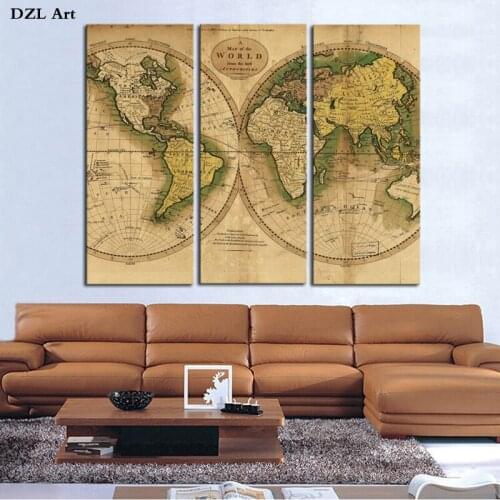 Drop Shipping 3 Piece Old World Map Home Wall Decor Canvas Picture Art Print On Canvas