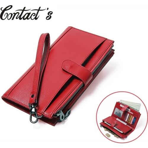 Contacts Genuine Leather Clutch Wallet Women Fashion Design 2020 New Double Zipper Long Coin Purse Cellphone Pocket Wrist Strap