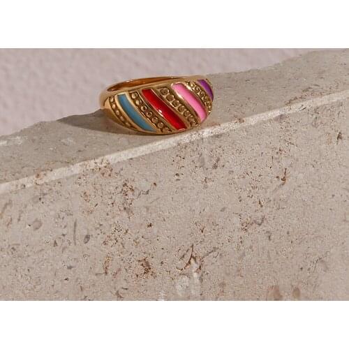 Colorful Stripe Croissant Size6/7/8 Stainless Steel Gold Plated Waterproof Tarnish Free Rings For Women Girls Party Jewelry