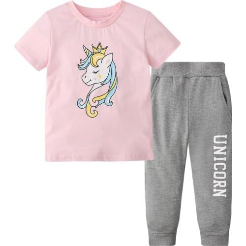 Jumping Meters Summer Suit Girls Shorts and T-shirt Trousers Pants Cute Pink Unicorn Cartoon Partern Casual Cothes 2-7Years