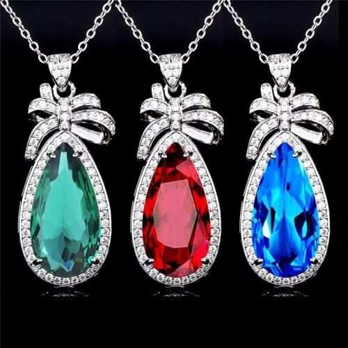 Trendy 925 Sterling Silver Necklace Female Choker Bijou Luxury Crystal Green Water Drop Pendant Necklace Girl Accessories Women