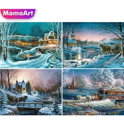 MomoArt Diamond Painting Scenery Diamond Embroidery House Full Square Drill Horse Mosaic Tree Cross Stitch Winter DIY Handicraft