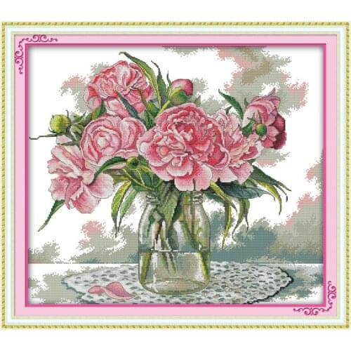Joy Sunday Peony Flower Cotton Thread Painting DIY Handmade DMC 11&14CT Cross Stitch Kits and Precise Printed Embroidery Sets