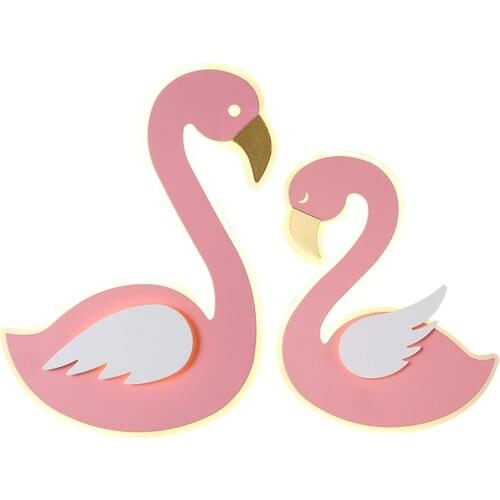 Cartoon pink flamingo wall lamps childrens bedroom princess LED bedside study wall lights fixtures decor swan shape lighting