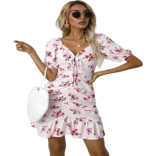 2021 Summer New High Quality European And American Sexy Womens Printed Slim Drawstring V-Neck Dress