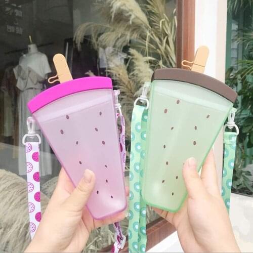 New Plastic Water Bottles Cute Watermelon Ice Cream Water Bottle with Straw Bottle Anti-fall Portable Popsicle Cup Kids Water