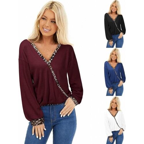 New Europe And America Autumn And Spring Womens Tops Leopard Print Stitching V-neck Blouse Ladies Long-sleeved T-shirt
