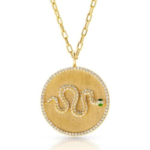 Micro pave cz snake engraved round coin pendant necklace open link chain women winner sweater chains