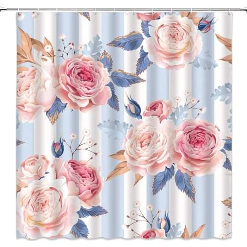 Peony Floral Shower Curtains Flower Plant White Blue Geometry Stripe Pattern Print Bathroom Decor Home Cloth Hanging Curtain Set