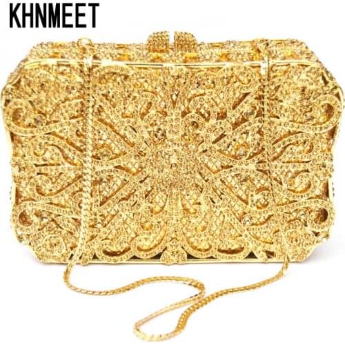 Luxury diamante box shape clutch bags Golden women wedding bridal party purse feminina sacoche Bling evening prom bags SC192