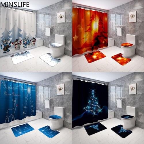 Merry Christmas Bathroom Set Shower Curtains with Rugs Elk Snowman Snow Tree Bathing Screen Curtain Toilet Lid Cover Mats Sets