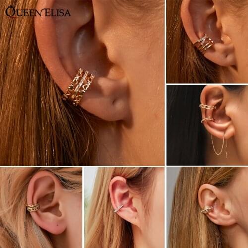 QUEEN ELISA Cross Ear Clip for Women Zircon Love Ear Cuff Gold Geometry No-piecring Earrings 2021 Gold Rhinestone Clip Earrings
