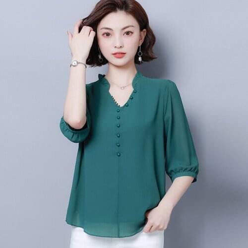 Plus Size Chiffon Women Blouse 2021 Summer New Beaded V-Neck Half Sleeved Loose Lady Elegant Pulls Outwear Tops