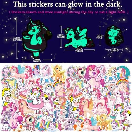 YAMIOW 30 Pcs Glow in Dark Cartoon Unicorn Stickers Cute Luminous Sticker on Laptop DIY Luggage Water Bottle Guitar Skateboard