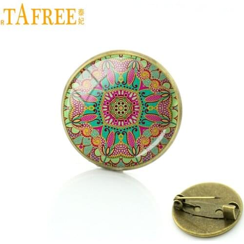 TAFREE Brand Mandala Flower Brooch Art picture charm glass Sacred Geometry Badge for women good quality Pins 2017 jewelry A351