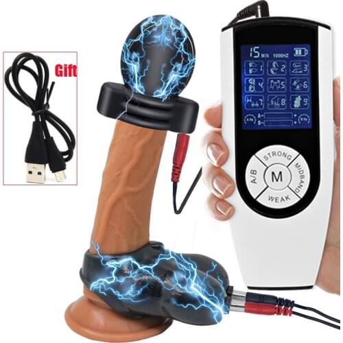 SM Electric Shock Glans Trainer Massage Cup Sex Ball Stretcher Scrotum Sleeve Penis Stimulation Delay Ring Male Chasity Sex Toy