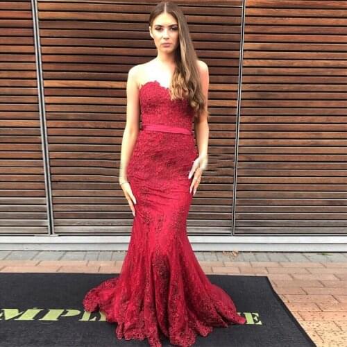 Elegant Mermaid Style Evening Dresses Sweetheart Neckline Burgundy Appliques robe de soiree Long Prom Dress Formal Party Gowns
