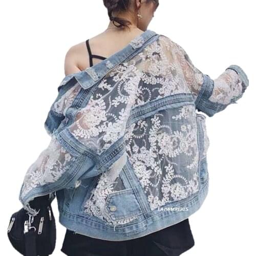 Spring Fashion Streetwear Lace Patchwork Denim Jacket Women Embroidery 2021 Summer Patchwork Loose Jean Coat Female