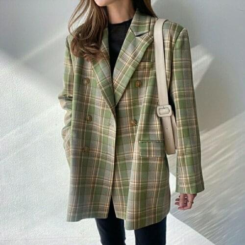 Autumn Vintage Loose Women Jacket Plaid Blazer Elegant Chic Double Breasted Long Suit Jackets Stylish Ladies Blazer Female