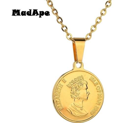 MadApe Titanium Stainless Steel Retro Lettering Elizabeth Round Pendant Necklace Choker For Women Sweater Link Chain Jewelry