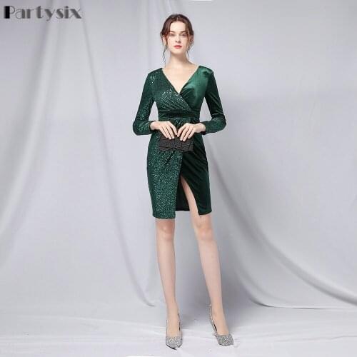 Partysix New Vintage Black Short Evening Dresss Side Slit Women Sexy Long Sleeve Solid Bodycon Short Party Dresses Femme Vestido