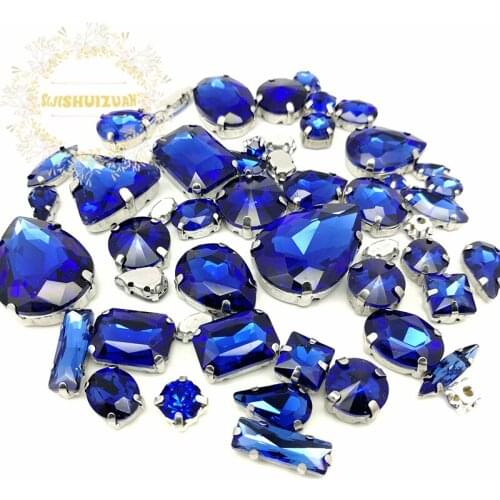 Promotions!! MIX Sapphire blue Size Crystal Glass Sew-on Rhinestones Bottom DIY Womens Dresses and Shoes 52pcs 23sizes 10shapes
