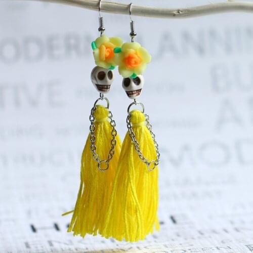Skulls with Yellow Tassels Dangle Earrings,Skull Jewelry, Skull Drop Earrings,Women New Fashion,day of The Dead Jewelry