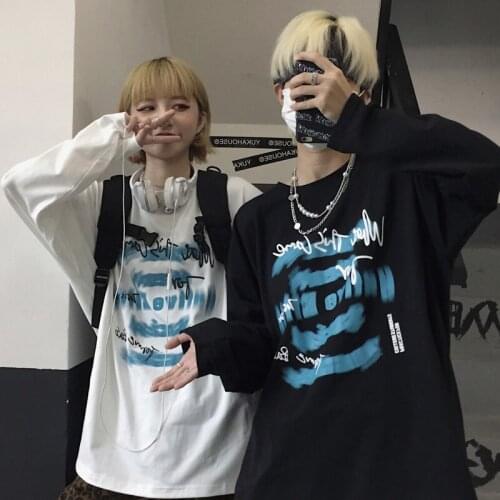 Hip Hop Streetwear Abstract Swirl Long Sleeve T-Shirt Woman Goth Couple Oversize Emo Urban 90s Tee Grunge Clothes Ulzzang Top