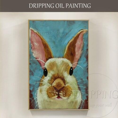 Skilled Artist Hand-painted Lovely Wall Decor Cute Rabbit Oil Painting on Canvas Animal Rabbit Hare Oil Painting for Child Room