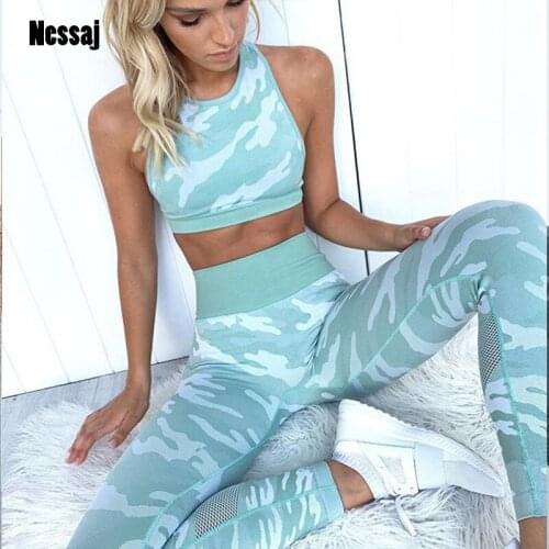 Nessaj Camo Seamless Sports Tracksuit Women Seamless Gym Clothes High Impact Top+Leggings Women Gym Tracksuit Workout Sets