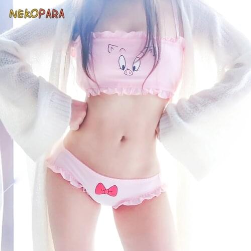 Kawaii Pig Bow Cute Japanese Milk Silk Camisoles & Panties Set Wirefree Soft Underwear Sleep Intimates Set Lolita Color PInk