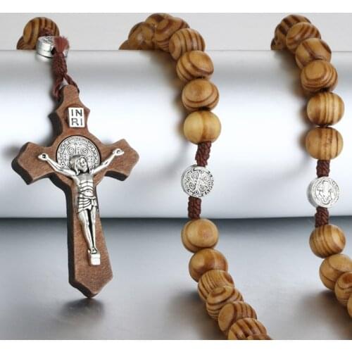 2Colors Religious Wooden Antique Cross Rosary Pendant Necklace Beads Catholic Jesus ChristRosary Men Women Jewelry Gifts