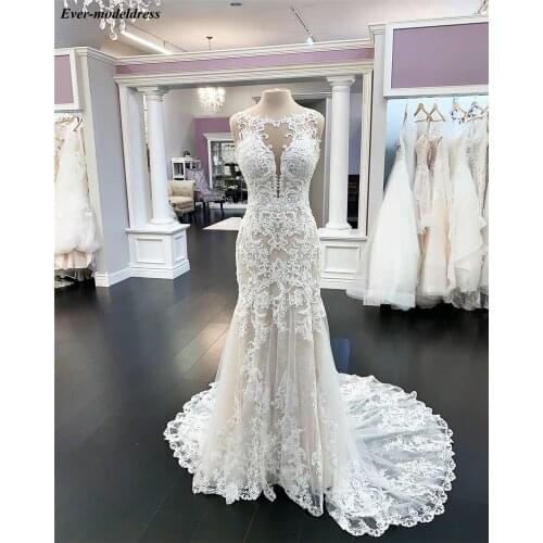 Mermaid Lace Wedding Dresses 2021 Appliques Sheer O-Neck Button Champagne Bride Dress Bridal Gowns Vestido De Noiva Real Photos