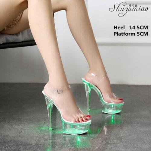 Model Glow Crystal Shoes women 15CM Sexy Nightclub Show Super High Heel Sandals Platform Transparent Pole Dancing Shoes 2021 New