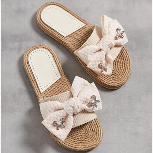 Fashion Metal Bow Slippers Women Shoes Casual Sandals Female Comfort Flats Plus Size Summer Beach Ladies Slippers hh149