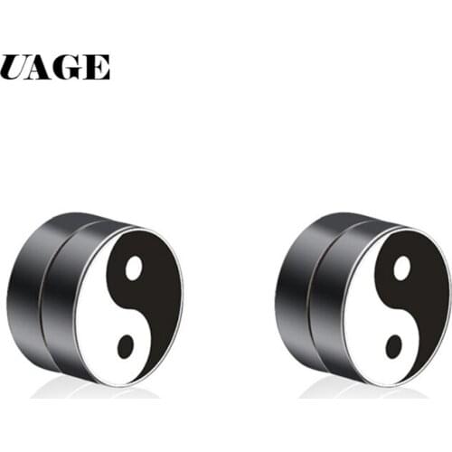 UAGE 2pcs/lot 8/10 mm Hot Double Side Black Magnet Round Circle Punk Stud Earrings Stainless Steel Mens Magnetic Ear Studs