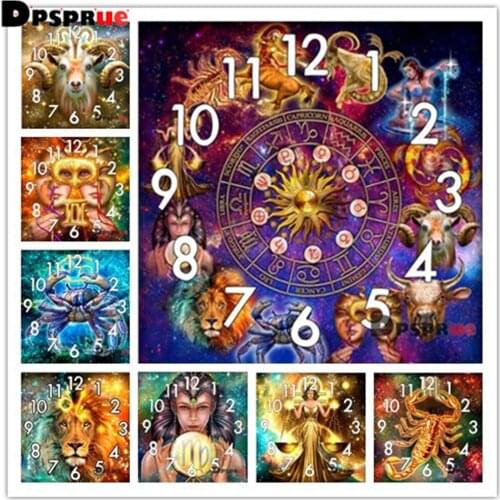 Dpsprue With Clock Full Drill 5D Diy Square Round Diamond Painting Cross Stitch 12 Constellations Mosaic 3d Embroidery Gift A186