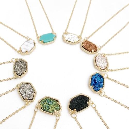 Oval Style Gold Druzy Drusy Pendant Necklaces Hexagon Resin Collar Fashion Brand Women Jewelry Party Wedding Dating Gift