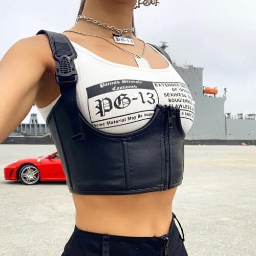 Sexy Black PU Leather Tank O Neck Sleeveless Letter Print White Shirts Vest Crop Top Women Night Club wear Party Tank Tops