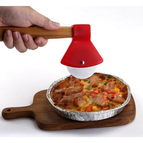 Pizza Cutter Axe Bamboo Handle Pizza Cutter Rotating Blade Home Kitchen Cutting Tool