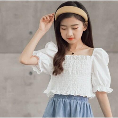 100% Cotton Shirts For Girls Ruched Elastic Waist Girl Blouse Summer 2021 New Ruffles Tops Kids Blouses Casual Children Clothes