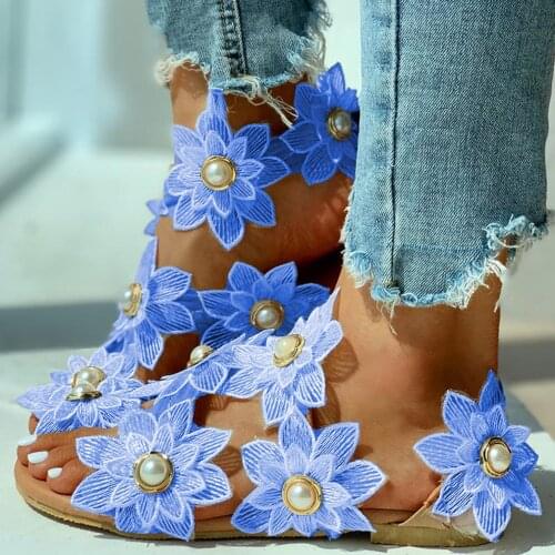 Open Toe Pearl Flower Sandals Women Leisure Outdoor Sandals Women Bohemia Style Summer Shoes Beach Vacation Flat Sandals