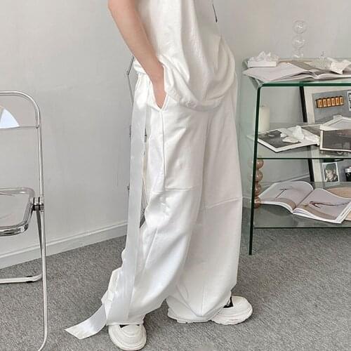 Men Spring New Niche Design Streetwear Long Ribbon Loose Wide Leg Casual Pant Sweatpants Japan Korea Style Long Trousers Male