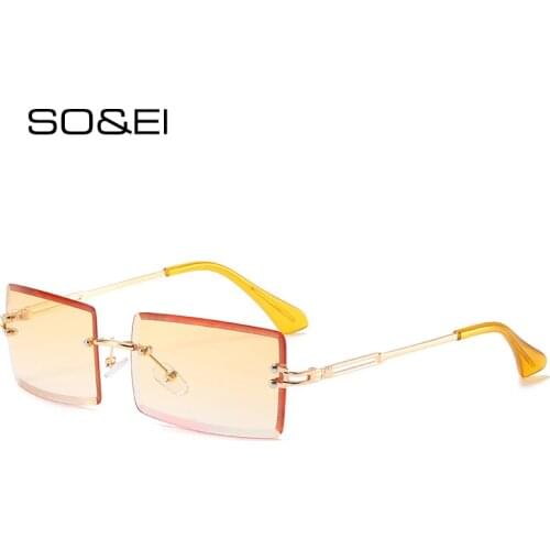 SO&EI Fashion Small Rectangle Rimless Sunglasses Women Vintage Clear Colorful Gradient Lens Eyewear Men Shades UV400 Sun Glasses