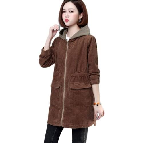 Corduroy Jacket Women 2021 Spring Autumn New Korean Plus Size Loose Trench Coat Womens Casual Long Hooded Parka Overcoat 3XL