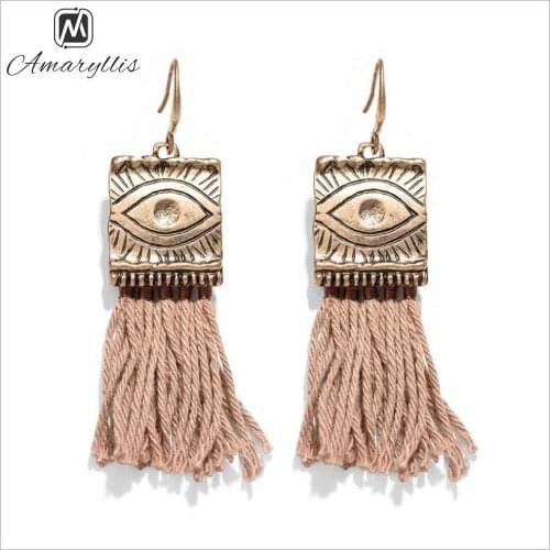 Amaiyllis Vintage Tibetan Sign Geometrical Pendant Earrings For Women Ethnic Long Tassel Dangle Earrings Bohemia Fringe Earrings