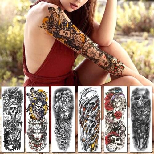 Wild Tribal Wolf Head Women Temporary Tattoos Full Arm Long Skull Monster Tatoo For Men Waterproof Realistic Fake Tattoo Sticker