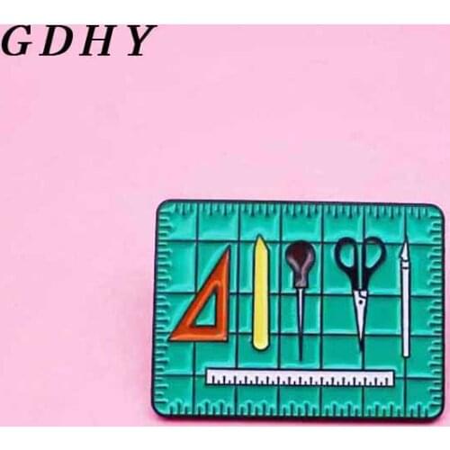 GDHY Green Ruler Tool ruler Brooches knife scissors Trigonometric ruler Enamel Pins Badges Backpack for Jewelry Bijoux
