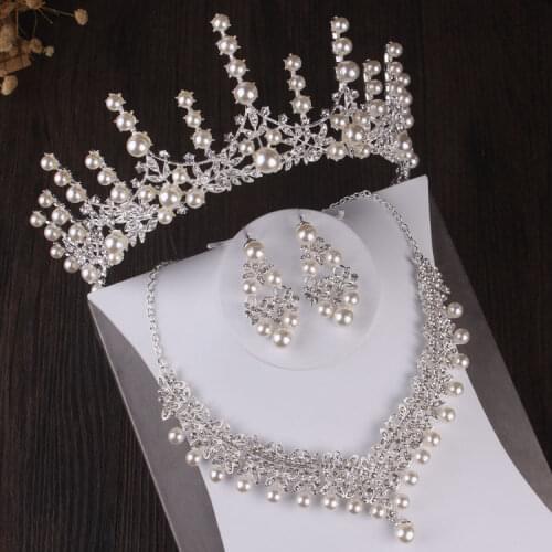 Pearl Wedding Jewelry Sets For Women African Beads Jewelry Set Fashion Crystal Dubai Necklace Rhinestone Bridal Tiaras Crown Set
